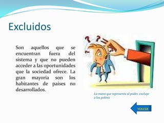 Excluidos
 Son aquellos que se
 encuentran      fuera   del
 sistema y que no pueden
 acceder a las oportunidades
 que la sociedad ofrece. La
 gran mayoría son los
 habitantes de países no
 desarrollados.
                               La mano que representa al poder, excluye
                               a los pobres


                                                              VOLVER
 