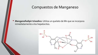 Compuestos de Manganeso
• Manganofodipir trisodico: Utiliza un quelato de Mn que se incorpora
inmediatamente a los hepatocitos.
 