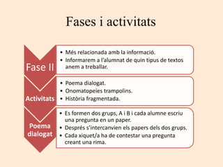 Fase II
• Més relacionada amb la informació.
• Informarem a l’alumnat de quin tipus de textos
anem a treballar.
Activitats
• Poema dialogat.
• Onomatopeies trampolins.
• Història fragmentada.
Poema
dialogat
• Es formen dos grups, A i B i cada alumne escriu
una pregunta en un paper.
• Després s’intercanvien els papers dels dos grups.
• Cada xiquet/a ha de contestar una pregunta
creant una rima.
Fases i activitats
 