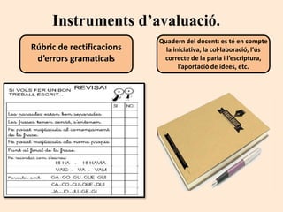 Rúbric de rectificacions
d’errors gramaticals
Quadern del docent: es té en compte
la iniciativa, la col·laboració, l’ús
correcte de la parla i l’escriptura,
l’aportació de idees, etc.
Instruments d’avaluació.
 