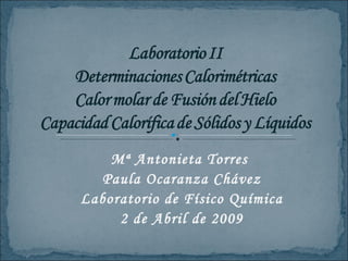 Mª Antonieta Torres  Paula Ocaranza Chávez Laboratorio de Físico Química 2 de Abril de 2009 