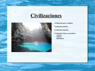 Civilizaciones
          Civilización egea y cicládica

          Civilización minoica

          Civilización micénica

          Civilización clásica y postclásica
             Arcaica
             Clásica
             Helenística
 