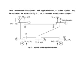 With reasonable assumptions and approximations, a power system may
be modelled as shown in Fig. 2.1 for purpose of steady state analysis.
Static Capacitor
2
22 jQDPD +G
1
11 jQGPG +
11 jQDPD +
4
44 jQDPD +
3
G
33 δ∠V
33 jQGPG +
5
G
55 jQGPG +
Fig. 2.1 Typical power system network
 