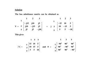 Solution
The bus admittance matrix can be obtained as
1 2 3 1 2 3
Y =
−
−
−
j10j5j5
j5j15j10
j5j10j15
= j
−
−
−
1055
51510
51015
This gives
=Y
1055
51510
51015
and =
−
−
−
000
000
000
909090
909090
909090
 