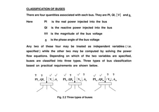 CLASSIFICATION OF BUSES
There are four quantities associated with each bus. They are PI, QI, V and .
Here PI is the real power injected into the bus
QI is the reactive power injected into the bus
V is the magnitude of the bus voltage
is the phase angle of the bus voltage
Any two of these four may be treated as independent variables ( i.e.
specified ) while the other two may be computed by solving the power
flow equations. Depending on which of the two variables are specified,flow equations. Depending on which of the two variables are specified,
buses are classified into three types. Three types of bus classification
based on practical requirements are shown below.
ss QI,PI ss ,V kk QI,PI kV k mm QI,PI mV m
? ? ? ? ? ?
Fig. 2.2 Three types of buses
 