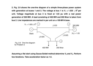 2. Fig. 2.9 shows the one-line diagram of a simple three-phase power system
with generation at buses 1 and 3. The voltage at bus 1 is V1 = 1.025 ∠ 00
per
unit. Voltage magnitude at bus 3 is fixed at 1.03 pu with a real power
generation of 300 MW. A load consisting of 400 MW and 200 Mvar is taken from
bus 2. Line impedances are marked in per unit on a 100-MVA base.
300 MW
V1 = 1.025∠ 00
Slack
1 3
j 0.05
|V | = 1.03
Assuming a flat start using Gauss-Seidel method determine V2 and V3. Perform
two iterations. Take acceleration factor as 1.0.
j 0.025
j 0.025
Slack
2
400 MW 200 Mvar
|V3| = 1.03
Fig. 2.8 One-line diagram
for Problem 2
 