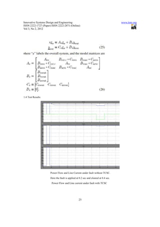 Innovative Systems Design and Engineering                                           www.iiste.org
ISSN 2222-1727 (Paper) ISSN 2222-2871 (Online)
Vol 3, No 2, 2012




1.4 Test Results




                     Power Flow and Line Current under fault without TCSC.
                     Here the fault is applied at 0.2 sec and cleared at 0.4 sec.
                      Power Flow and Line current under fault with TCSC




                                                 25
 