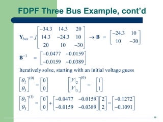 19
FDPF Three Bus Example, cont’d
1
(0)
(0)
2 2
3 3
34.3 14.3 20
24.3 10
14.3 24.3 10
10 30
20 10 30
0.0477 0.0159
0.0159 0.0389
Iteratively solve, starting with an initial voltage guess
0 1
0 1
bus j
V
V




 

 
 
     
  
 

 
 
 
 
  
 
 
 
    
 
 
   
 
   
Y B
B
(1)
2
3
0 0.0477 0.0159 2 0.1272
0 0.0159 0.0389 2 0.1091



 
 
  
         
  
         
  
       
 
 