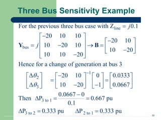 32
Three Bus Sensitivity Example
line
bus
1
2
3
For the previous three bus case with Z 0.1
20 10 10
20 10
10 20 10
10 20
10 10 20
Hence for a change of generation at bus 3
20 10 0 0.0333
10 20 1 0.0667
j
j





 

 
 
     
  
 

 
 
 
      
 
      
  
    
 
Y B
3 to 1
3 to 2 2 to 1
0.0667 0
Then P 0.667 pu
0.1
P 0.333 pu P 0.333 pu




  
   
 