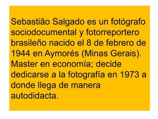 Sebastião Salgado es un fotógrafo
sociodocumental y fotorreportero
brasileño nacido el 8 de febrero de
1944 en Aymorés (Minas Gerais).
Master en economía; decide
dedicarse a la fotografía en 1973 a
donde llega de manera
autodidacta.
 