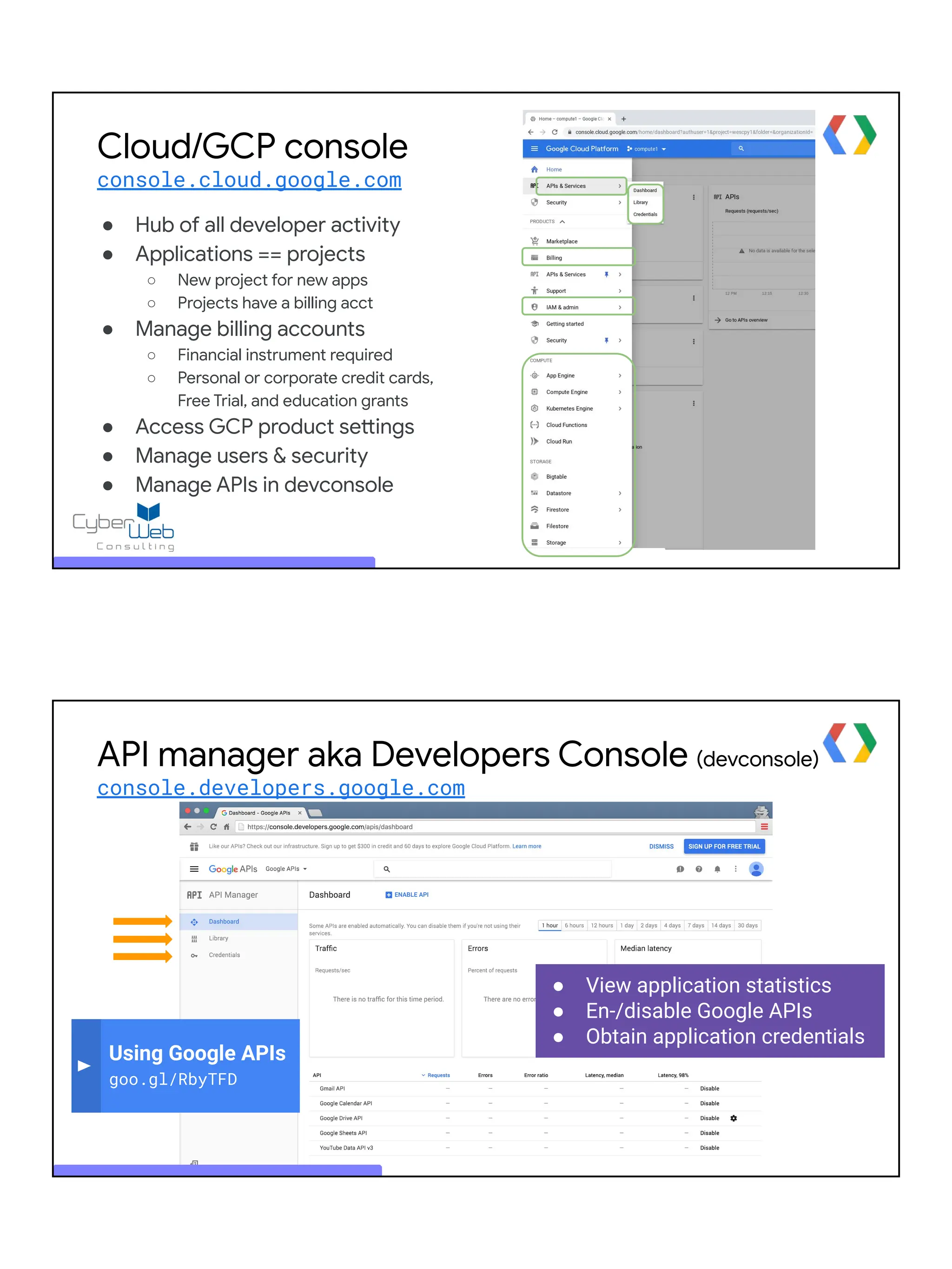 Cloud/GCP console
console.cloud.google.com
● Hub of all developer activity
● Applications == projects
○ New project for new apps
○ Projects have a billing acct
● Manage billing accounts
○ Financial instrument required
○ Personal or corporate credit cards,
Free Trial, and education grants
● Access GCP product settings
● Manage users & security
● Manage APIs in devconsole
● View application statistics
● En-/disable Google APIs
● Obtain application credentials
Using Google APIs
goo.gl/RbyTFD
API manager aka Developers Console (devconsole)
console.developers.google.com
 