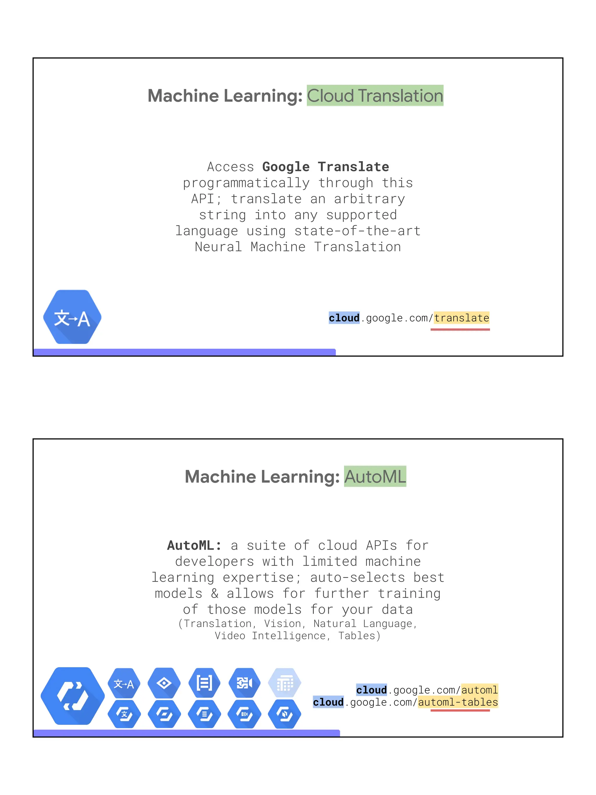 Machine Learning: Cloud Translation
Access Google Translate
programmatically through this
API; translate an arbitrary
string into any supported
language using state-of-the-art
Neural Machine Translation
cloud.google.com/translate
Machine Learning: AutoML
AutoML: a suite of cloud APIs for
developers with limited machine
learning expertise; auto-selects best
models & allows for further training
of those models for your data
(Translation, Vision, Natural Language,
Video Intelligence, Tables)
cloud.google.com/automl
cloud.google.com/automl-tables
 