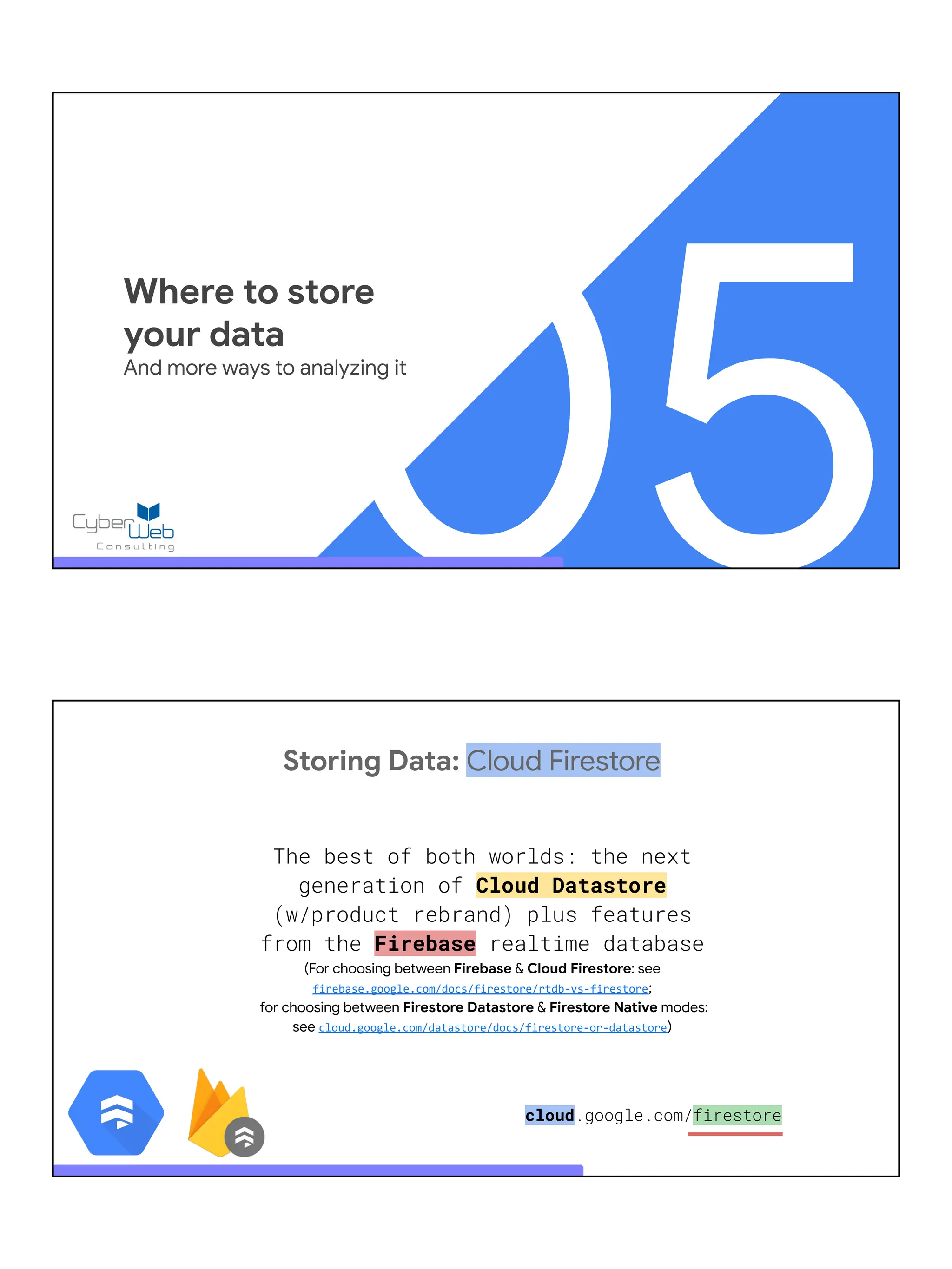 05
Where to store
your data
And more ways to analyzing it
Storing Data: Cloud Firestore
The best of both worlds: the next
generation of Cloud Datastore
(w/product rebrand) plus features
from the Firebase realtime database
(For choosing between Firebase & Cloud Firestore: see
firebase.google.com/docs/firestore/rtdb-vs-firestore;
for choosing between Firestore Datastore & Firestore Native modes:
see cloud.google.com/datastore/docs/firestore-or-datastore)
cloud.google.com/firestore
 