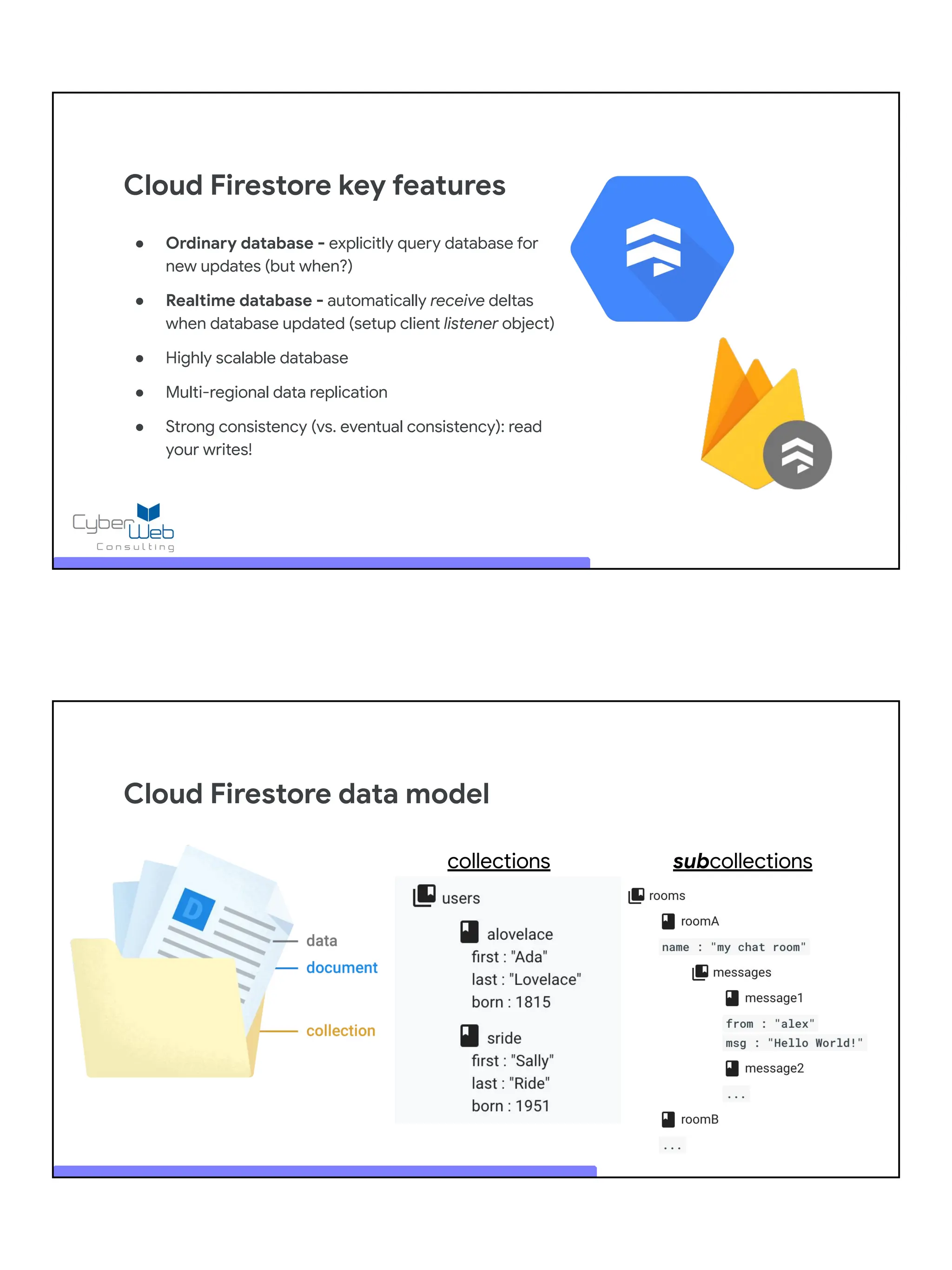 ● Ordinary database - explicitly query database for
new updates (but when?)
● Realtime database - automatically receive deltas
when database updated (setup client listener object)
● Highly scalable database
● Multi-regional data replication
● Strong consistency (vs. eventual consistency): read
your writes!
Cloud Firestore key features
Cloud Firestore data model
collections subcollections
 