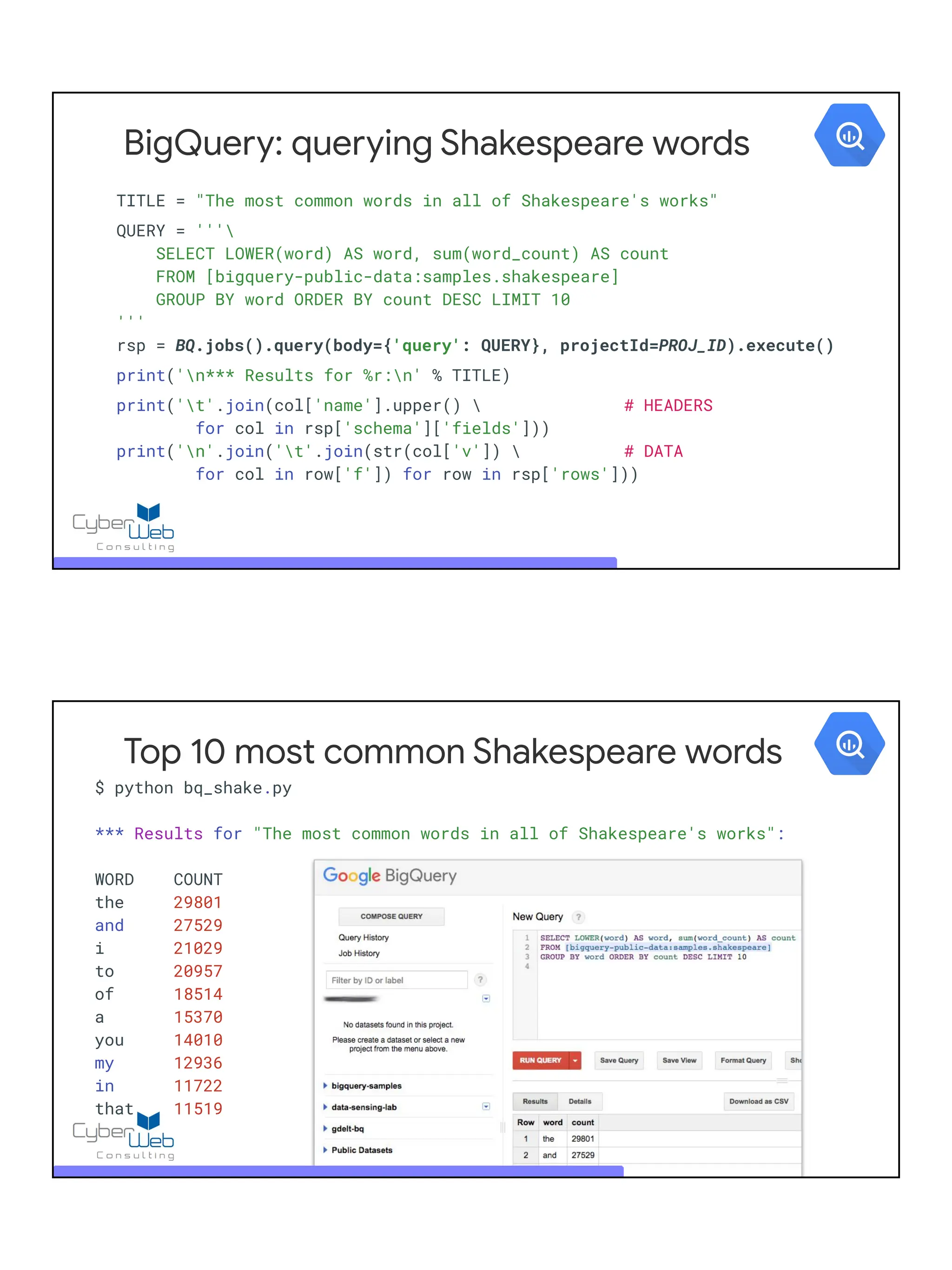 BigQuery: querying Shakespeare words
TITLE = "The most common words in all of Shakespeare's works"
QUERY = '''
SELECT LOWER(word) AS word, sum(word_count) AS count
FROM [bigquery-public-data:samples.shakespeare]
GROUP BY word ORDER BY count DESC LIMIT 10
'''
rsp = BQ.jobs().query(body={'query': QUERY}, projectId=PROJ_ID).execute()
print('n*** Results for %r:n' % TITLE)
print('t'.join(col['name'].upper()  # HEADERS
for col in rsp['schema']['fields']))
print('n'.join('t'.join(str(col['v'])  # DATA
for col in row['f']) for row in rsp['rows']))
Top 10 most common Shakespeare words
$ python bq_shake.py
*** Results for "The most common words in all of Shakespeare's works":
WORD COUNT
the 29801
and 27529
i 21029
to 20957
of 18514
a 15370
you 14010
my 12936
in 11722
that 11519
 