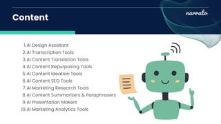 AI Design Assistant
AI Transcription Tools
AI Content Translation Tools
AI Content Repurposing Tools
AI Content Ideation Tools
AI Content SEO Tools
AI Marketing Research Tools
AI Content Summarizers & Paraphrasers
AI Presentation Makers
AI Marketing Analytics Tools
1.
2.
3.
4.
5.
6.
7.
8.
9.
10.
Content
narrato
 