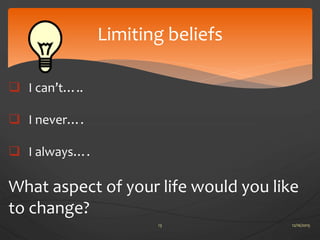 Limiting beliefs
 I can’t…..
 I never….
 I always….
What aspect of your life would you like
to change?
12/16/201513
 