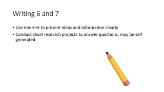 Writing 6 and 7
• Use internet to present ideas and information clearly
• Conduct short research projects to answer questions, may be self
generated
 