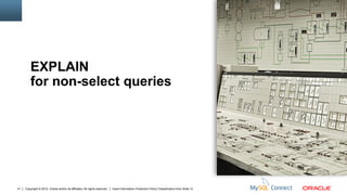 EXPLAIN
         for non-select queries




41   Copyright © 2012, Oracle and/or its affiliates. All rights reserved.   Insert Information Protection Policy Classification from Slide 12
 