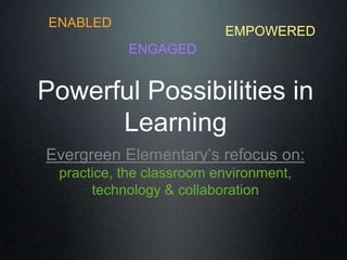 ENABLED EMPOWERED ENGAGED Powerful Possibilities in Learning Evergreen Elementary’s refocus on: practice, the classroom environment, technology & collaboration 