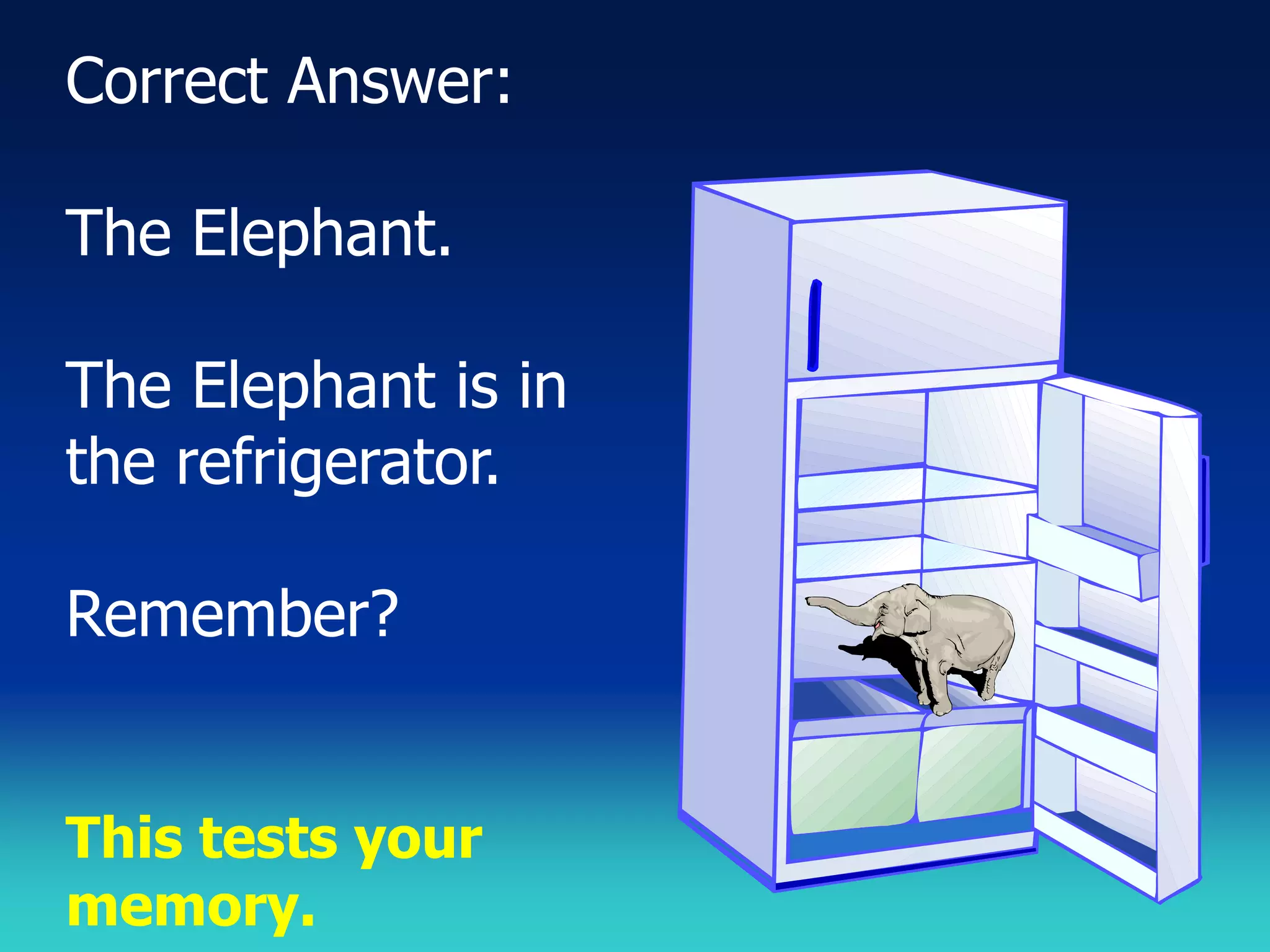 Correct Answer:

The Elephant.

The Elephant is in
the refrigerator.

Remember?


This tests your
memory.
 
