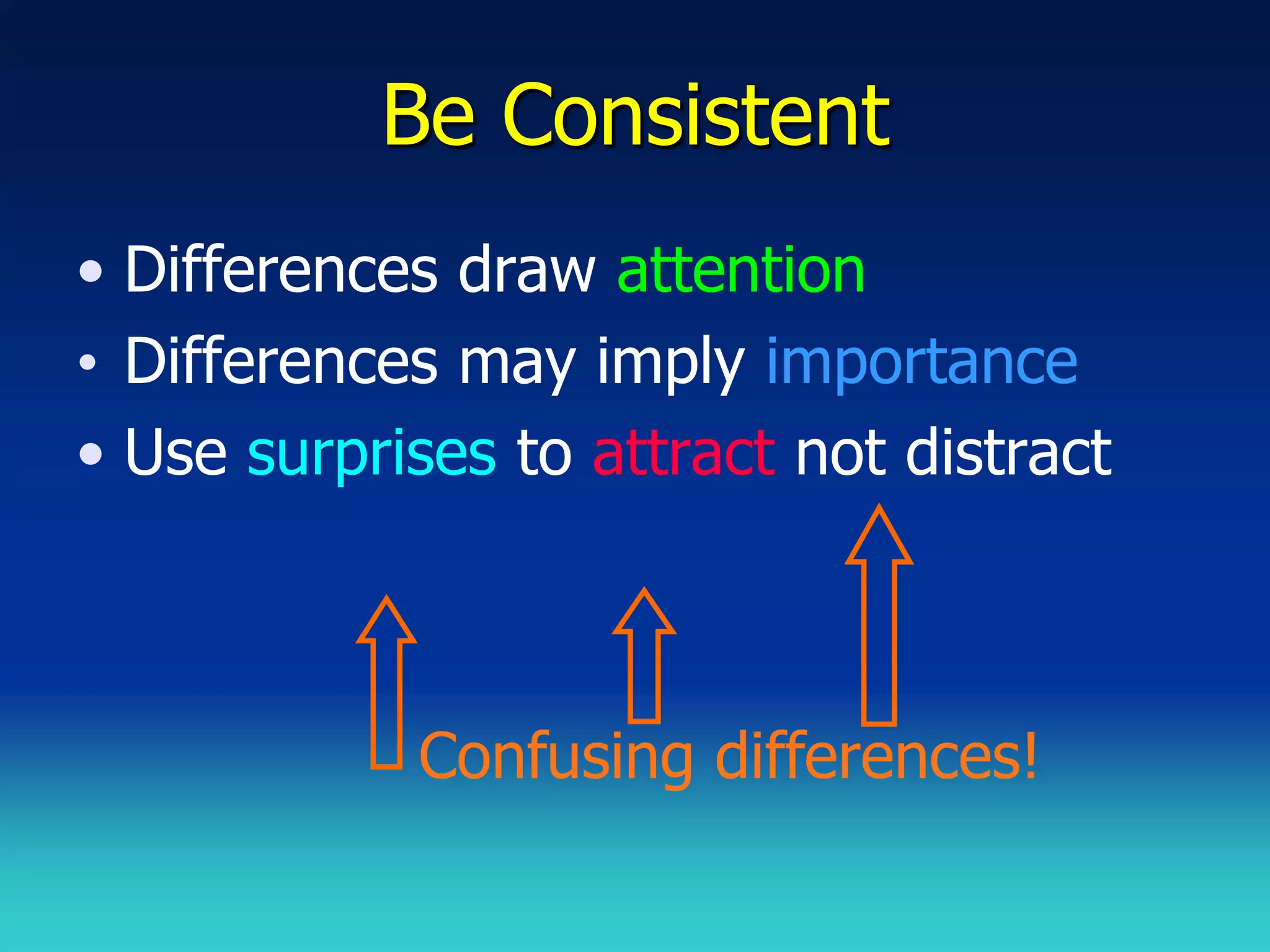 Be Consistent
• Differences draw attention
• Differences may imply importance
• Use surprises to attract not distract



            Confusing differences!
 