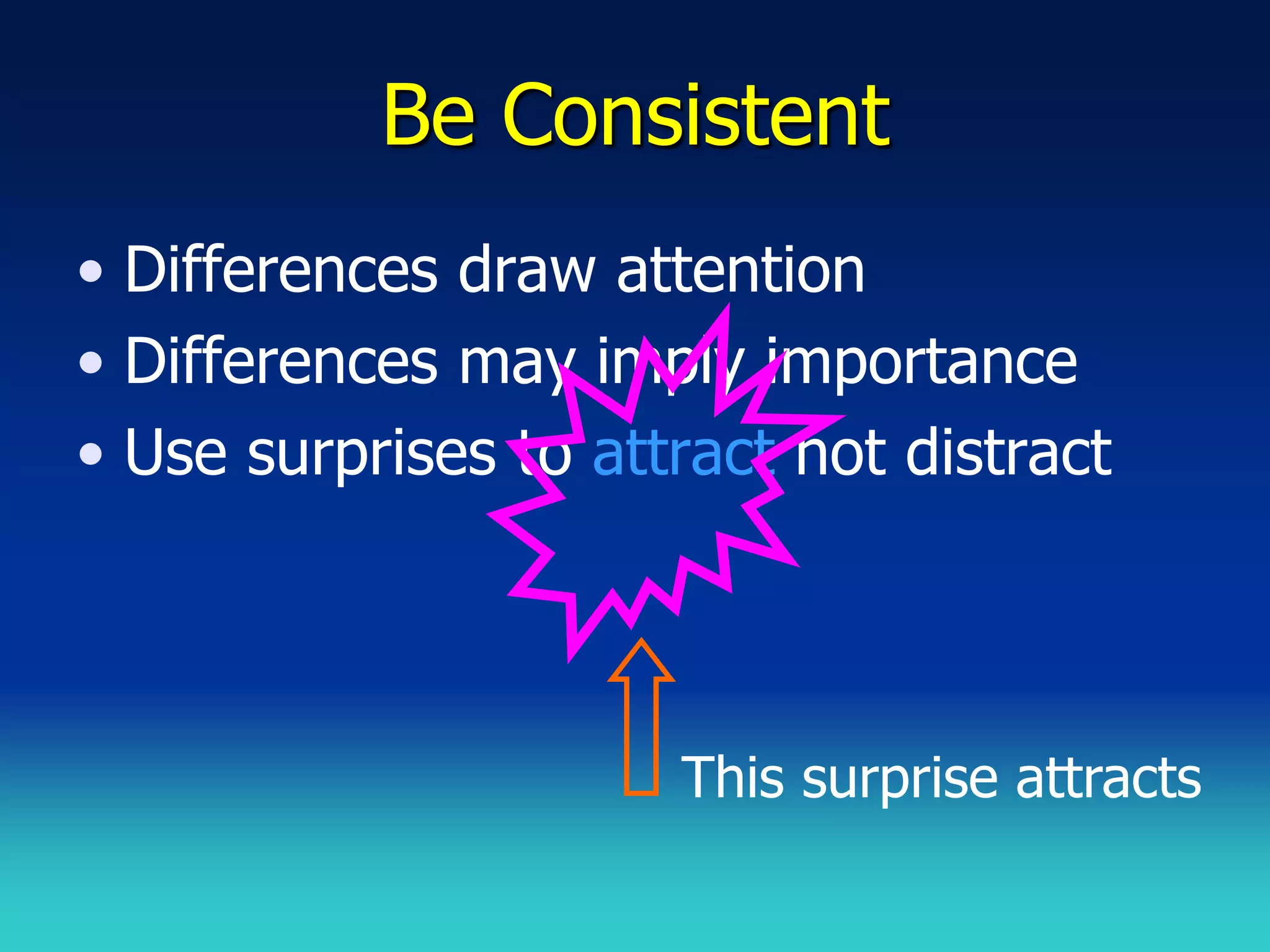 Be Consistent
• Differences draw attention
• Differences may imply importance
• Use surprises to attract not distract




                      This surprise attracts
 