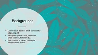Backgrounds
• Lorem ipsum dolor sit amet, consectetur
adipiscing elit.
• Sed quis turpis faucibus, venenatis
turpis sit amet, hendrerit dui.
• Proin id risus id sapien consequat
elementum eu ac dui.
11
 