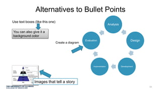 Alternatives to Bullet Points
Use text boxes (like this one)
Analysis
Design
DevelopmentImplementation
Evaluation
You can also give it a
background color
Create a diagram
Images that tell a story
33
 
