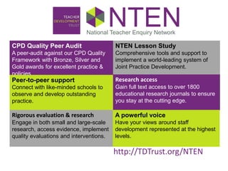 NTENNational Teacher Enquiry Network
http://TDTrust.org/NTEN
CPD Quality Peer Audit
A peer-audit against our CPD Quality
Framework with Bronze, Silver and
Gold awards for excellent practice &
policies.
Peer-to-peer support
Connect with like-minded schools to
observe and develop outstanding
practice.
Rigorous evaluation & research
Engage in both small and large-scale
research, access evidence, implement
quality evaluations and interventions.
NTEN Lesson Study
Comprehensive tools and support to
implement a world-leading system of
Joint Practice Development.
Research access
Gain full text access to over 1800
educational research journals to ensure
you stay at the cutting edge.
A powerful voice
Have your views around staff
development represented at the highest
levels.
 