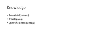 Knowledge
• Anecdotal(person)
• Tribal (group)
• Scientific (intelligentsia)
 