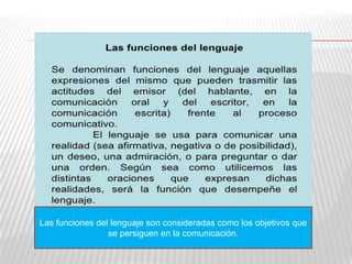 Las funciones del lenguaje son consideradas como los objetivos que
se persiguen en la comunicación.
 