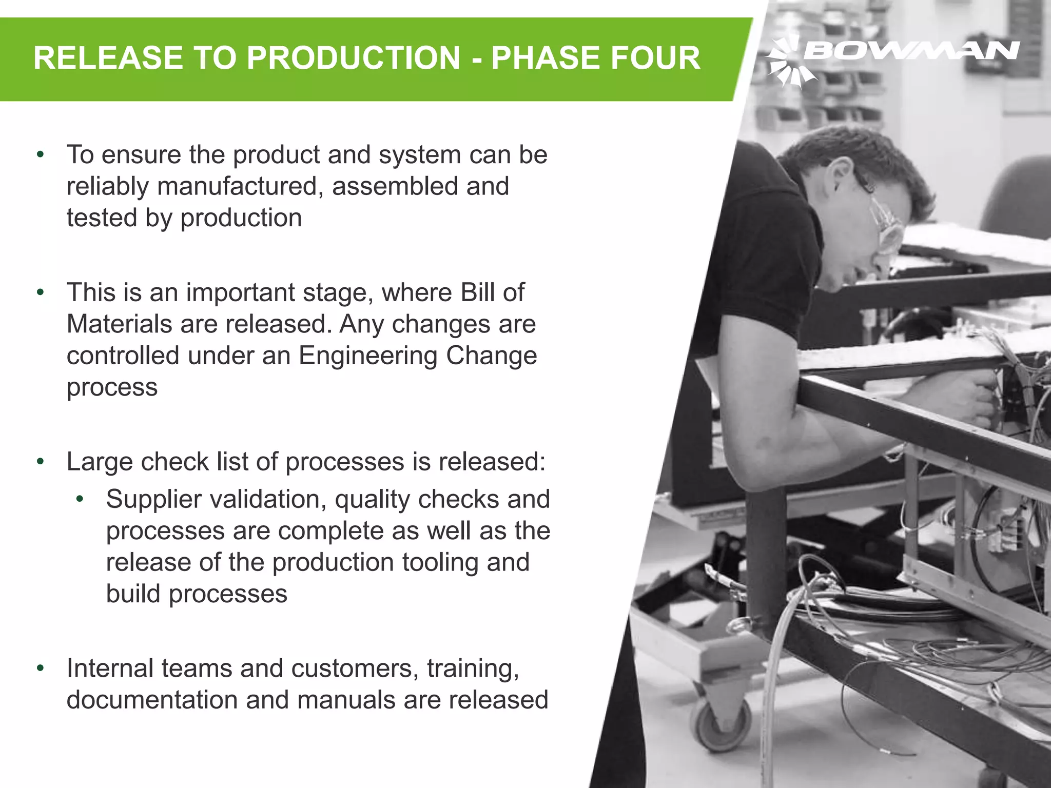 RELEASE TO PRODUCTION - PHASE FOUR
• To ensure the product and system can be
reliably manufactured, assembled and
tested by production
• This is an important stage, where Bill of
Materials are released. Any changes are
controlled under an Engineering Change
process
• Large check list of processes is released:
• Supplier validation, quality checks and
processes are complete as well as the
release of the production tooling and
build processes
• Internal teams and customers, training,
documentation and manuals are released
 