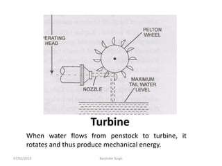 Turbine
When water flows from penstock to turbine, it
rotates and thus produce mechanical energy.
07/02/2013 Barjinder Singh
 