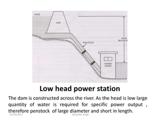 Low head power station
The dam is constructed across the river. As the head is low large
quantity of water is required for specific power output ,
therefore penstock of large diameter and short in length.
07/02/2013 Barjinder Singh
 
