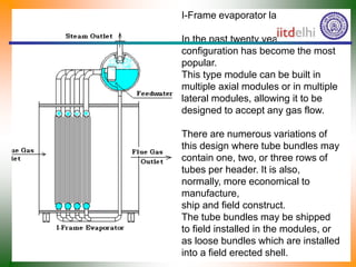 I-Frame evaporator layout.
In the past twenty years, this
configuration has become the most
popular.
This type module can be built in
multiple axial modules or in multiple
lateral modules, allowing it to be
designed to accept any gas flow.
There are numerous variations of
this design where tube bundles may
contain one, two, or three rows of
tubes per header. It is also,
normally, more economical to
manufacture,
ship and field construct.
The tube bundles may be shipped
to field installed in the modules, or
as loose bundles which are installed
into a field erected shell.
 