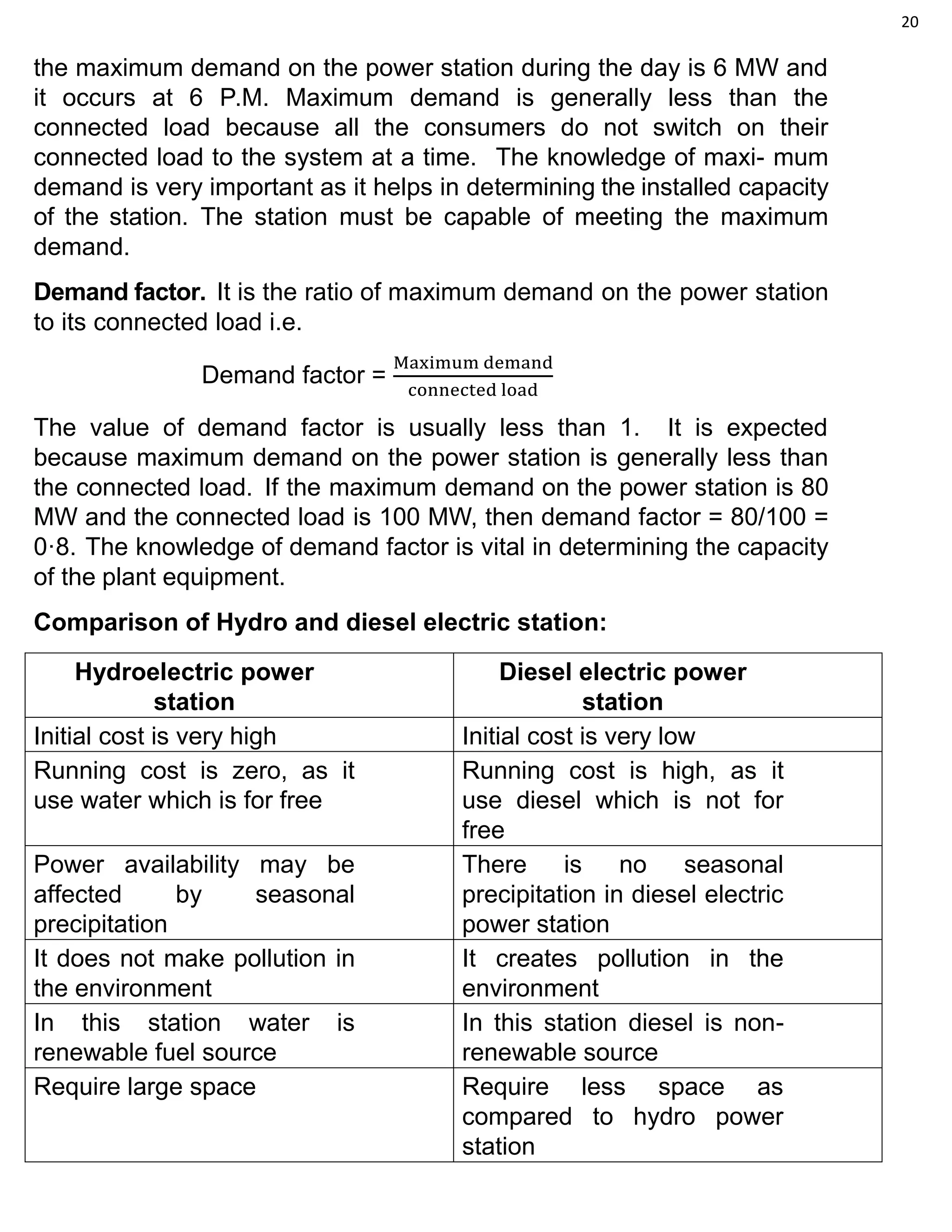 20
the maximum demand on the power station during the day is 6 MW and
it occurs at 6 P.M. Maximum demand is generally less than the
connected load because all the consumers do not switch on their
connected load to the system at a time. The knowledge of maxi- mum
demand is very important as it helps in determining the installed capacity
of the station. The station must be capable of meeting the maximum
demand.
Demand factor. It is the ratio of maximum demand on the power station
to its connected load i.e.
Demand factor =
Maximum demand
connected load
The value of demand factor is usually less than 1. It is expected
because maximum demand on the power station is generally less than
the connected load. If the maximum demand on the power station is 80
MW and the connected load is 100 MW, then demand factor = 80/100 =
0·8. The knowledge of demand factor is vital in determining the capacity
of the plant equipment.
Comparison of Hydro and diesel electric station:
Hydroelectric power
station
Diesel electric power
station
Initial cost is very high Initial cost is very low
Running cost is zero, as it
use water which is for free
Running cost is high, as it
use diesel which is not for
free
Power availability may be
affected by seasonal
precipitation
There is no seasonal
precipitation in diesel electric
power station
It does not make pollution in
the environment
It creates pollution in the
environment
In this station water is
renewable fuel source
In this station diesel is non-
renewable source
Require large space Require less space as
compared to hydro power
station
 