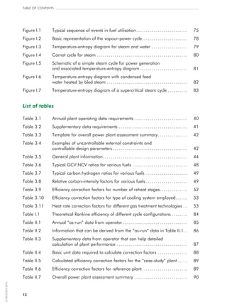 12
Table of contents
Figure I.1	 Typical sequence of events in fuel utilisation........................... 	 75
Figure I.2	 Basic representation of the vapour-power cycle........................ 	 78
Figure I.3	 Temperature-entropy diagram for steam and water.. ................. 	 79
Figure I.4	 Carnot cycle for steam.. ............................................. 	 80
Figure I.5	Schematic of a simple steam cycle for power generation
and associated temperature-entropy diagram......................... 	 81
Figure I.6	Temperature-entropy diagram with condensed feed
water heated by bled steam.......................................... 	 82
Figure I.7	 Temperature-entropy diagram of a supercritical steam cycle........... 	 83
List of tables
Table 3.1	 Annual plant operating data requirements............................ 	 40
Table 3.2	 Supplementary data requirements.................................... 	 41
Table 3.3	 Template for overall power plant assessment summary................ 	 42
Table 3.4	Examples of uncontrollable external constraints and
controllable design parameters....................................... 	 42
Table 3.5	 General plant information............................................ 	 44
Table 3.6	 Typical GCV:NCV ratios for various fuels.. ........................... 	 48
Table 3.7	 Typical carbon:hydrogen ratios for various fuels...................... 	 49
Table 3.8	Relative carbon-intensity factors for various fuels...................... 	 49
Table 3.9	Efficiency correction factors for number of reheat stages.. ............. 	 52
Table 3.10	Efficiency correction factors for type of cooling system employed.. ..... 	 53
Table 3.11	 Heat rate correction factors for different gas treatment technologies... 	 53
Table I.1	 Theoretical Rankine efficiency of different cycle configurations.. ....... 	 84
Table II.1	 Annual “as‑run” data from operator.................................. 	 85
Table II.2	 Information that can be derived from the “as‑run” data in Table II.1.. 	 86
Table II.3	Supplementary data from operator that can help detailed
calculation of plant performance.. ................................... 	 87
Table II.4	 Basic unit data required to calculate correction factors.. .............. 	 88
Table II.5	 Calculated efficiency correction factors for the “case‑study” plant.. .... 	 89
Table II.6	Efficiency correction factors for reference plant........................ 	 89
Table II.7	Overall power plant assessment summary.. .......................... 	 90
©OECD/IEA2010
 