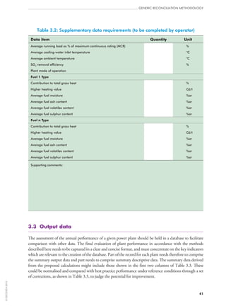 Table 3.2: Supplementary data requirements (to be completed by operator)
Data item Quantity Unit
Average running load as % of maximum continuous rating (MCR) %
Average cooling-water inlet temperature °C
Average ambient temperature °C
SO2 removal efficiency %
Plant mode of operation
Fuel 1 Type
Contribution to total gross heat %
Higher heating value GJ/t
Average fuel moisture %ar
Average fuel ash content %ar
Average fuel volatiles content %ar
Average fuel sulphur content %ar
Fuel n Type
Contribution to total gross heat %
Higher heating value GJ/t
Average fuel moisture %ar
Average fuel ash content %ar
Average fuel volatiles content %ar
Average fuel sulphur content %ar
Supporting comments:
3.3  Output data
The assessment of the annual performance of a given power plant should be held in a database to facilitate
comparison with other data. The final evaluation of plant performance in accordance with the methods
described here needs to be captured in a clear and concise format, and must concentrate on the key indicators
which are relevant to the creation of the database. Part of the record for each plant needs therefore to comprise
the summary output data and part needs to comprise summary descriptive data. The summary data derived
from the proposed calculations might include those shown in the first two columns of Table 3.3. These
could be normalised and compared with best practice performance under reference conditions through a set
of corrections, as shown in Table 3.3, to judge the potential for improvement.
GENERIC RECONCILIATION METHODOLOGY
41
©OECD/IEA2010
 
