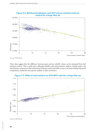 Figure 3.6: Relationship between coal GCV and as‑received moisture
content for a large data set
10 000
15 000
20 000
25 000
30 000
35 000
5 10 15 20 25 30
Fuel moisture content (%ar)
GCV(kJ/kg)
Source: E.ON UK plc.
These data suggest that the difference between gross and net calorific values can be estimated from fuel
moisture content. This is useful since, although calorific value and proximate analyses (volatile matter, ash
and moisture content) are often determined or known with reasonable accuracy, the more detailed elemental
composition, needed for more precise analysis, is often not known.
Figure 3.7: Effect of coal moisture on GCV:NCV ratio for a large data set
1.00
1.02
1.04
1.06
1.08
1.10
1.12
5 10 15 20 25 30
GCV:NCVratio
Fuel moisture content (%ar)
Source: E.ON UK plc.
GENERIC RECONCILIATION METHODOLOGY
46
©OECD/IEA2010
 