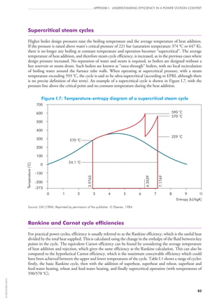 83
APPENDIX I: UNDERSTANDING EFFICIENCY IN A POWER STATION CONTEXT
Supercritical steam cycles
Higher boiler design pressures raise the boiling temperature and the average temperature of heat addition.
If the pressure is raised above water’s critical pressure of 221 bar (saturation temperature 374 °C or 647 K),
there is no longer any boiling at constant temperature and operation becomes “supercritical”. The average
temperature of heat addition, and therefore steam cycle efficiency, is increased, as in the previous cases where
design pressure increased. No separation of water and steam is required, so boilers are designed without a
hot reservoir or steam drum. Such boilers are known as “once-through” boilers, with no local recirculation
of boiling water around the furnace tube walls. When operating at supercritical pressure, with a steam
temperature exceeding 593 °C, the cycle is said to be ultra-supercritical (according to EPRI, although there
is no precise definition of this term). An example of a supercritical cycle is shown in Figure I.7, with the
pressure line above the critical point and no constant temperature during the heat addition.
Figure I.7: Temperature-entropy diagram of a supercritical steam cycle
590 o
C
570
o
C
329
o
C
270
o
C
2.9763
6.3539
7.1769
Temperature(C)
o
24.1 Co
700
600
500
400
300
200
100
0
-100
-200
-273
0 1 2 3 4 5 6 7 8 9 10
Entropy (kJ/kgK)
Source: Gill (1984). Reprinted by permission of the publisher. © Elsevier, 1984.
Rankine and Carnot cycle efficiencies
For practical power cycles, efficiency is usually referred to as the Rankine efficiency, which is the useful heat
divided by the total heat supplied. This is calculated using the change in the enthalpy of the fluid between key
points in the cycle. The equivalent Carnot efficiency can be found by considering the average temperature
of heat addition and rejection, which gives the same efficiency as the Rankine calculation. This can also be
compared to the hypothetical Carnot efficiency, which is the maximum conceivable efficiency which could
have been achieved between the upper and lower temperatures of the cycle. Table I.1 shows a range of cycles:
firstly, the basic Rankine cycle, then with the addition of superheat, superheat and reheat, superheat and
feed-water heating, reheat and feed-water heating, and finally supercritical operation (with temperatures of
590/570 °C).
©OECD/IEA2010
 