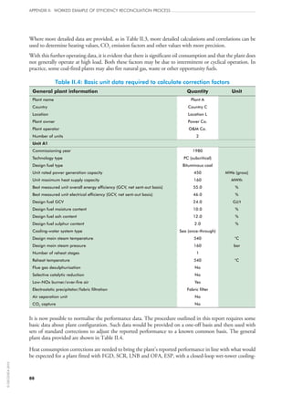 88
APPENDIX II: WORKED EXAMPLE OF EFFICIENCY RECONCILIATION PROCESS
Where more detailed data are provided, as in Table II.3, more detailed calculations and correlations can be
used to determine heating values, CO2 emission factors and other values with more precision.
With this further operating data, it is evident that there is significant oil consumption and that the plant does
not generally operate at high load. Both these factors may be due to intermittent or cyclical operation. In
practice, some coal-fired plants may also fire natural gas, waste or other opportunity fuels.
Table II.4: Basic unit data required to calculate correction factors
General plant information Quantity Unit
Plant name Plant A
Country Country C
Location Location L
Plant owner Power Co.
Plant operator OM Co.
Number of units 2
Unit A1
Commissioning year 1980
Technology type PC (subcritical)
Design fuel type Bituminous coal
Unit rated power generation capacity 450 MWe (gross)
Unit maximum heat supply capacity 160 MWth
Best measured unit overall energy efficiency (GCV, net sent-out basis) 55.0 %
Best measured unit electrical efficiency (GCV, net sent-out basis) 46.0 %
Design fuel GCV 24.0 GJ/t
Design fuel moisture content 10.0 %
Design fuel ash content 12.0 %
Design fuel sulphur content 2.0 %
Cooling-water system type Sea (once-through)
Design main steam temperature 540 °C
Design main steam pressure 160 bar
Number of reheat stages 1
Reheat temperature 540 °C
Flue gas desulphurisation No
Selective catalytic reduction No
Low-NOx burner/over-fire air Yes
Electrostatic precipitator/fabric filtration Fabric filter
Air separation unit No
CO2 capture No
It is now possible to normalise the performance data. The procedure outlined in this report requires some
basic data about plant configuration. Such data would be provided on a one‑off basis and then used with
sets of standard corrections to adjust the reported performance to a known common basis. The general
plant data provided are shown in Table II.4.
Heat consumption corrections are needed to bring the plant’s reported performance in line with what would
be expected for a plant fitted with FGD, SCR, LNB and OFA, ESP, with a closed-loop wet-tower cooling-
©OECD/IEA2010
 