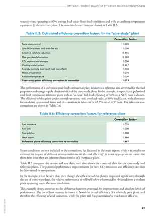 89
APPENDIX II: WORKED EXAMPLE OF EFFICIENCY RECONCILIATION PROCESS
water system, operating at 80% average load under base-load conditions and with an ambient temperature
equivalent to the reference plant. The associated corrections are shown in Table II.5.
Table II.5: Calculated efficiency correction factors for the “case‑study” plant
Correction factor
Particulate control 1.005
Low-NOx burners and over-fire air 1.000
Selective catalytic reduction 0.995
Flue gas desulphurisation 0.980
CO2 capture and storage 1.000
Cooling-water system 0.977
Average running load (part load loss effect) 1.038
Mode of operation 1.010
Ambient temperature 1.009
Case-study plant efficiency correction to normalise 1.013
The performance of a pulverised coal-fired combustion plant is taken as a reference and corrected for the fuel
properties and energy supply characteristics of the case-study plant. In the example, a supercritical pulverised
coal-fired combustion reference plant with an “as-new” full-load efficiency of 46% on a NCV basis is chosen.
The efficiency of this plant under normal operation, mid overhaul cycle, at 80% load factor, with allowance
for moderate operational losses and deterioration, is taken to be 42.5% on a GCV basis. The reference case
corrections are shown in Table II.6.
Table II.6: Efficiency correction factors for reference plant
Correction factor
Fuel moisture 1.005
Fuel ash 1.000
Fuel sulphur 1.000
Heat export 1.460
Reference plant efficiency correction to normalise 1.467
Steam conditions are not included in the corrections. As discussed in the main report, while it is possible to
estimate the impact of different steam conditions on thermal efficiency, it is not appropriate to correct for
them here since they are inherent characteristics of a particular plant.
Table II.7 compares the as‑run and raw data, and also shows the corrected data for the case-study and
reference plants. The potential performance improvements for both CO2 emissions and efficiency can then
be determined by comparison.
In the example, it can be seen that, even though the efficiency of the plant is improved significantly through
the use of some waste heat, the relative performance is still well below what could be obtained from a modern
plant operating under the same conditions.
This example draws attention to the difference between potential for improvement and absolute levels of
performance. The use of heat recovery is shown to boost the overall efficiency of a relatively poor plant, and
therefore the efficiency of coal utilisation, while the plant still has potential to be much more efficient.
©OECD/IEA2010
 