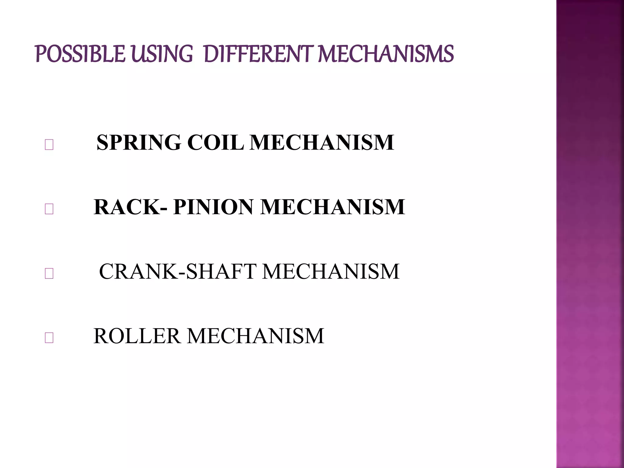 SPRING COIL MECHANISM
RACK- PINION MECHANISM
CRANK-SHAFT MECHANISM
ROLLER MECHANISM
 