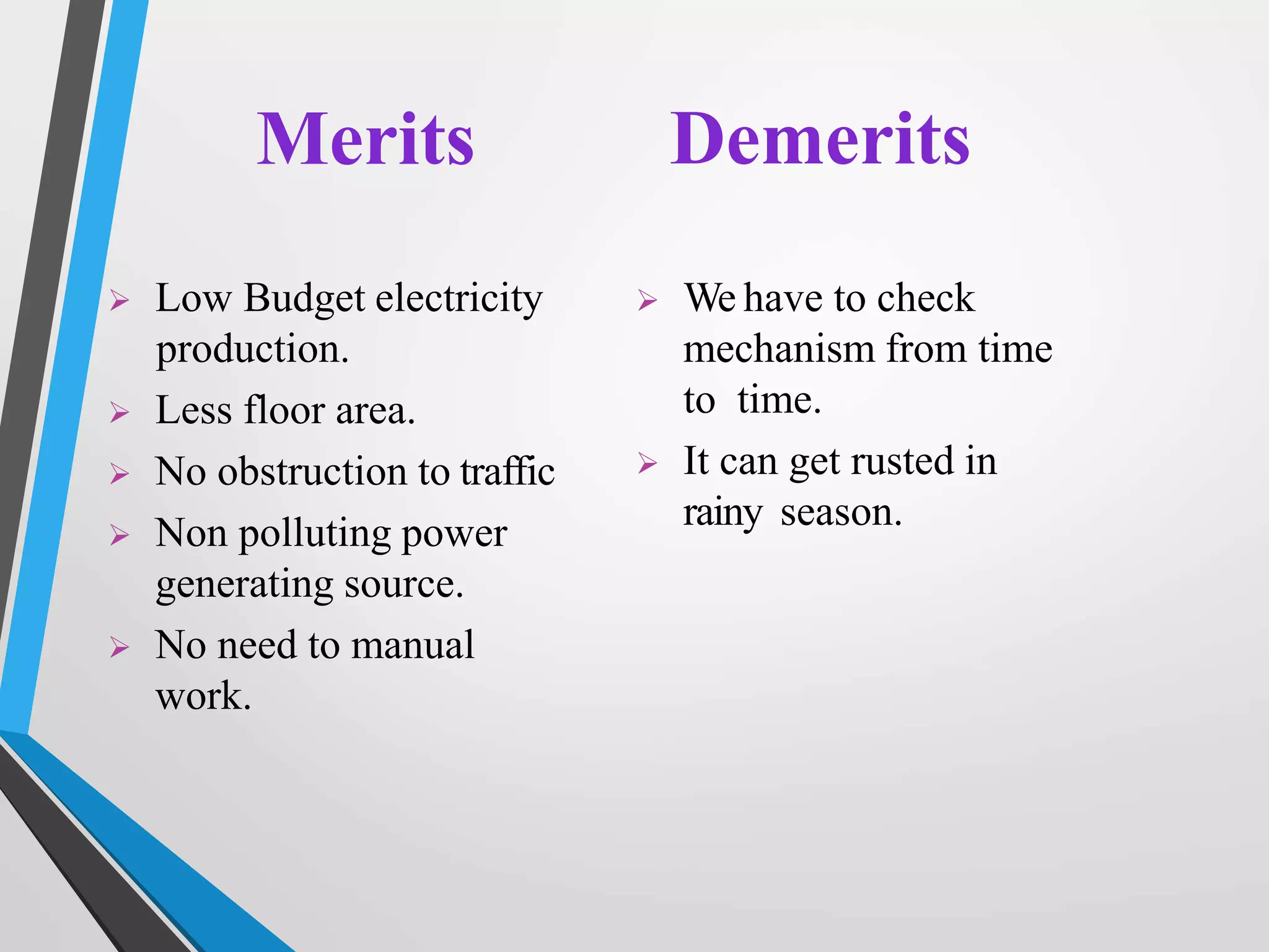 Merits Demerits
 Low Budget electricity
production.
 Less floor area.
 No obstruction to traffic
 Non polluting power
generating source.
 No need to manual
work.
 We have to check
mechanism from time
to time.
 It can get rusted in
rainy season.
 