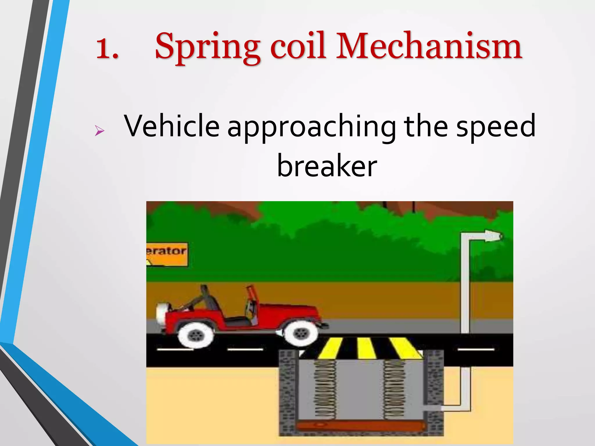  Vehicle approaching the speed
breaker
1. Spring coil Mechanism
 