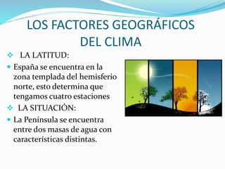LOS FACTORES GEOGRÁFICOS
DEL CLIMA
 LA LATITUD:
 España se encuentra en la
zona templada del hemisferio
norte, esto determina que
tengamos cuatro estaciones
 LA SITUACIÓN:
 La Península se encuentra
entre dos masas de agua con
características distintas.
 