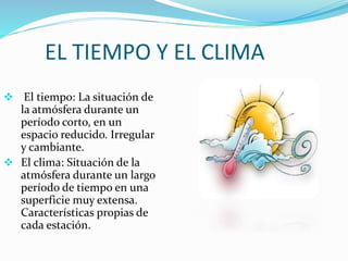 EL TIEMPO Y EL CLIMA
 El tiempo: La situación de
la atmósfera durante un
período corto, en un
espacio reducido. Irregular
y cambiante.
 El clima: Situación de la
atmósfera durante un largo
período de tiempo en una
superficie muy extensa.
Características propias de
cada estación.
 