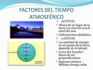 FACTORES DEL TIEMPO
ATMOSFÉRICO
 ALTITUD:
 Altura de un lugar de la
tierra en relación con el
nivel del mar.
 Enfriamiento adiabático.
 LATITUD:
 La cantidad de energía
en un punto de la tierra
depende de la latitud.
 Cerca del Ecuador –
Rayos de sol
perpendiculares.
 Regiones polares –
Mínima energía solar.
 