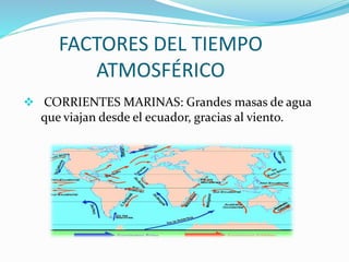 FACTORES DEL TIEMPO
ATMOSFÉRICO
 CORRIENTES MARINAS: Grandes masas de agua
que viajan desde el ecuador, gracias al viento.
 